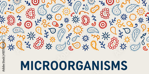 Colorful microorganisms pattern with diverse shapes and forms on a white background