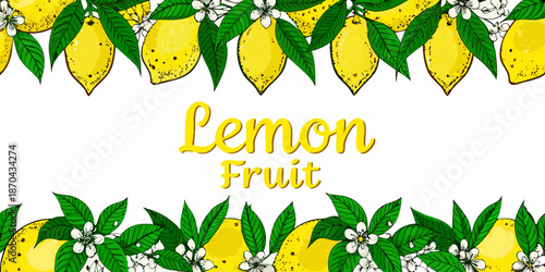 A vibrant illustration of lemons leaves and delicate blossoms in a repeating pattern