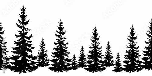 Silhouetted evergreen trees against a white background a simple forest scene