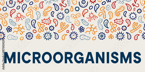 A colorful pattern of various microorganisms against a light background