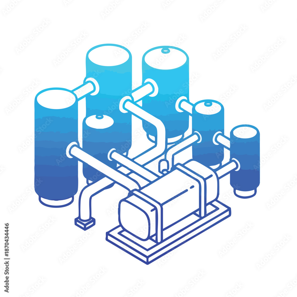 Obraz premium An isometric illustration depicts a modern industrial processing system featuring multiple interconnected tanks, pipes, and machinery, rendered with a sleek blue gradient outline.