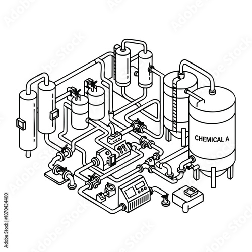 This detailed isometric line art illustration showcases a complex industrial chemical processing plant with interconnected tanks, pumps, and control systems for manufacturing.