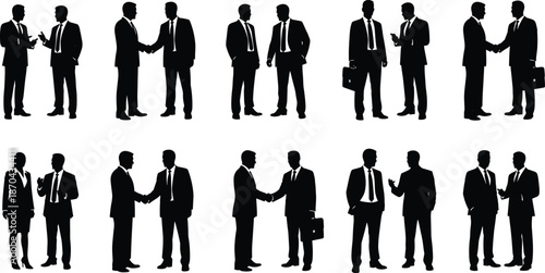 Business people silhouettes shaking hands, discussing deals and meeting clients, professional corporate teamwork scenes isolated black vector illustration set