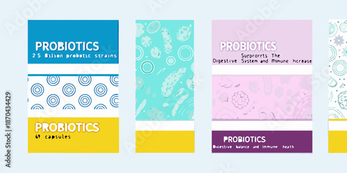Probiotics packaging designs featuring colorful patterns and text information