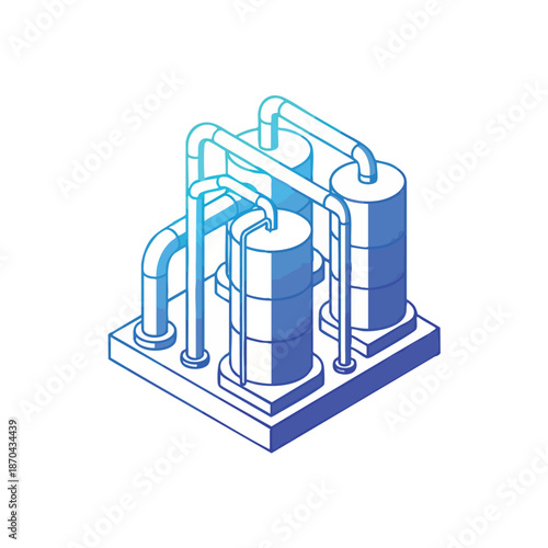 Isometric blue gradient art depicts an industrial plant with interconnected tanks and pipes, symbolizing modern manufacturing and energy infrastructure.