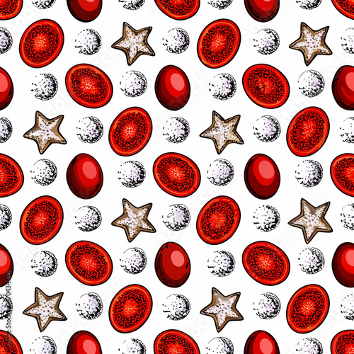 A colorful pattern of tomatoes stars and pebbles on a white background