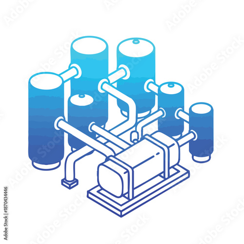 An isometric illustration depicts a modern industrial processing system featuring multiple interconnected tanks, pipes, and machinery, rendered with a sleek blue gradient outline.