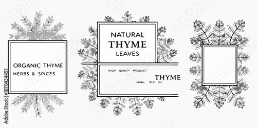 Decorative thyme leaves and organic product labels in a floral arrangement