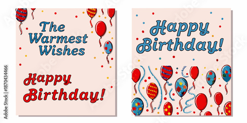 Colorful birthday cards with balloons and confetti celebrating a special occasion