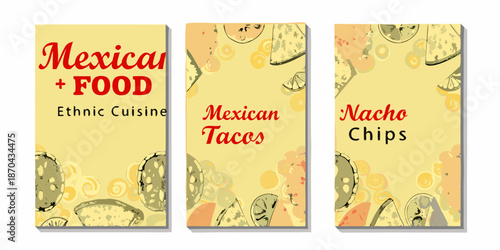 Mexican food advertising triptych with tacos chips and vibrant designs