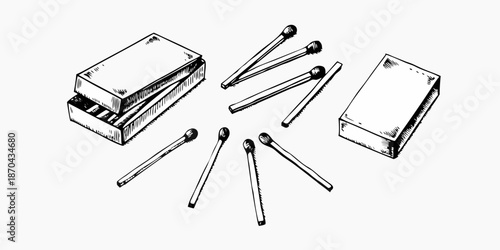 Sketch of open matchboxes and scattered matches on a white background