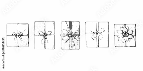 A collection of sketch style gift boxes each uniquely decorated with ribbons