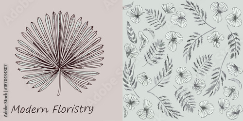 Botanical sketch of palm leaves and floral patterns in a split design