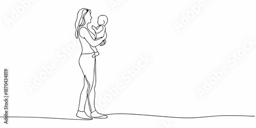 A delicate continuous line drawing of a mother holding her baby