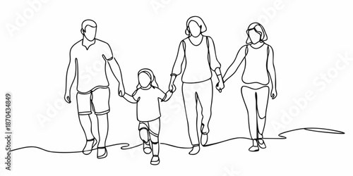A simple line drawing of a family holding hands and walking together