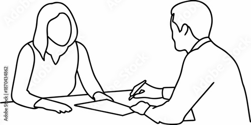 A simple line drawing depicting two people in a meeting or interview setting