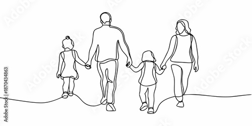 Foto A family of four walking together depicted in a continuous line drawing style