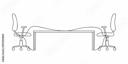 Simple line drawing of an office desk with two ergonomic chairs