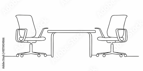 Simple line drawing of a table and two office chairs facing each other