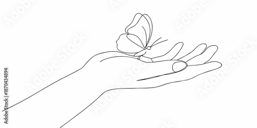 A delicate butterfly resting on an open hand drawn in a continuous line
