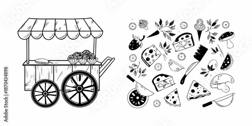 A charming sketch of a food cart with various street food items