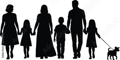 Happy family silhouettes walking together holding hands with children and dog, parents and kids isolated black vector illustration set