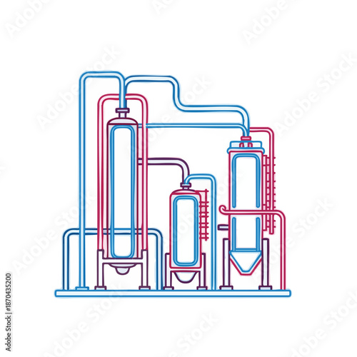 A detailed line art illustration showcases a modern industrial chemical processing plant featuring interconnected tanks and intricate piping systems, symbolizing manufacturing efficiency.