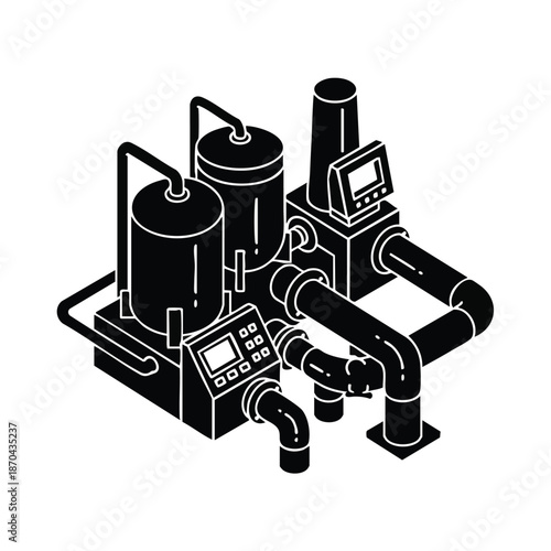Isometric illustration of a modern industrial facility, featuring interconnected pipes, storage tanks, and control panels, symbolizing efficient manufacturing.