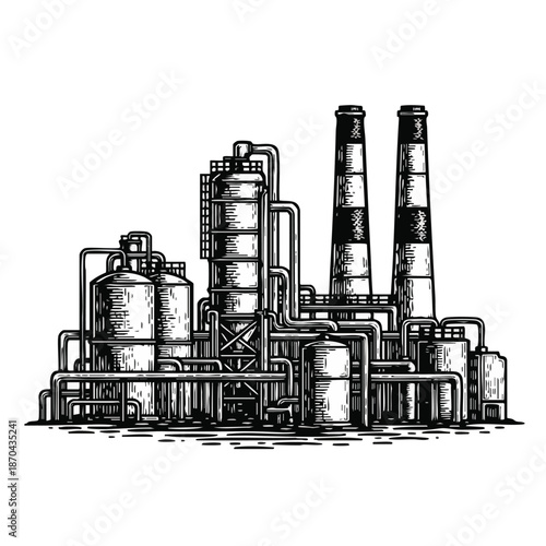 A striking hand-drawn illustration of a complex industrial factory featuring towering smokestacks, intricate piping, and storage tanks, symbolizing energy and production.