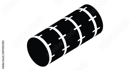 A simple graphic representation of a cylindrical object with horizontal bands a black silhouette