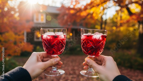 Two people enjoying red drinks on a cozy autumn day outdoors