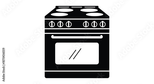 A stark black silhouette of a modern electric stove with burners and an oven below silhouette