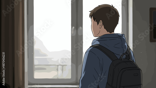 Young person with backpack looking out window with sunlight streaming in