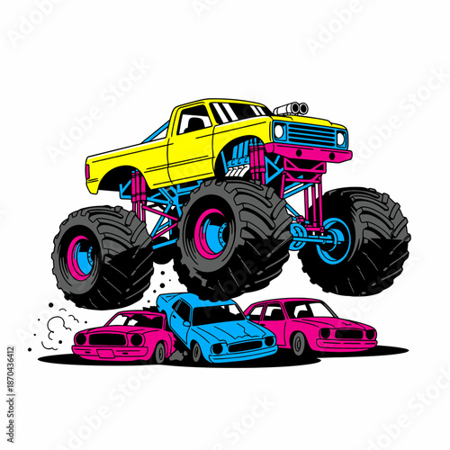 A vibrant cartoon monster truck, yellow with pink and blue details, crushing three smaller cars below it.