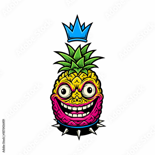 Cartoonish punk pineapple wearing a blue crown and spiked collar, with a monstrous grinning face and wide eyes.