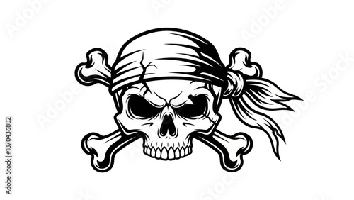 Pirate skull with bandana and crossed bones illustration for designs with graphic and symbol and icon and logo and emblem and pirate flag and jolly roger