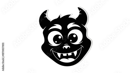 A cheerful cartoon devil face with horns and sharp teeth on a white background for halloween or festive designs with halloween illustration and smiling devil