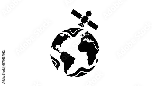 Black illustration of earth with satellite orbiting above globe with wavy lines representing climate change or environmental impact with sustainability