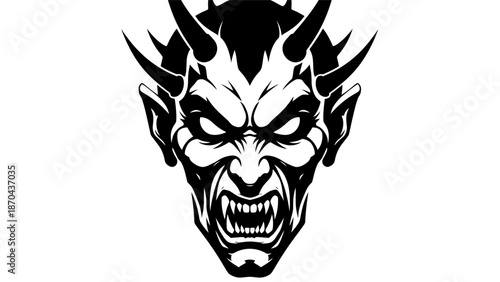 A black and white illustration of a devil face with horns and sharp teeth on a white background with graphic and monster and demon and angry