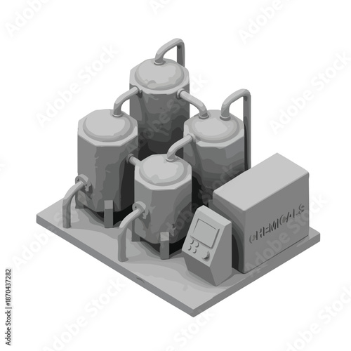 Industrial processing plant with connected tanks and control panel, representing manufacturing and production systems.