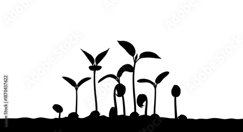 Black and white silhouette illustration showcasing different growth stages of seedlings in soil