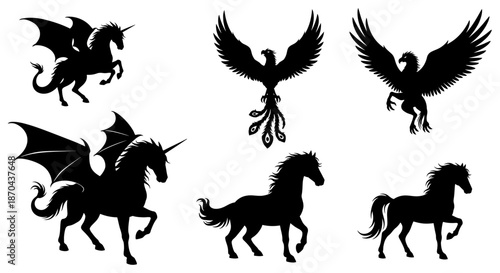Mythical creatures silhouette collection featuring unicorns phoenix and winged horses in black