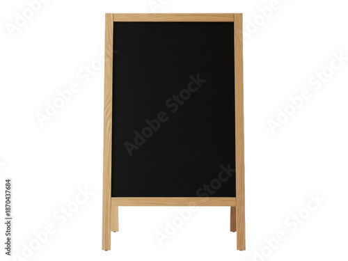 Blank wooden chalkboard sign with easel stand for advertising or announcements isolated on transparent background