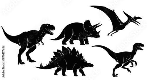 Silhouette of various dinosaurs, including Tyrannosaurus Rex, Triceratops, Stegosaurus, Pterodactyl