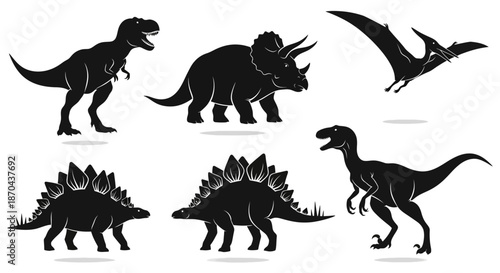 Set of dinosaur silhouettes representing various species on white background flat design