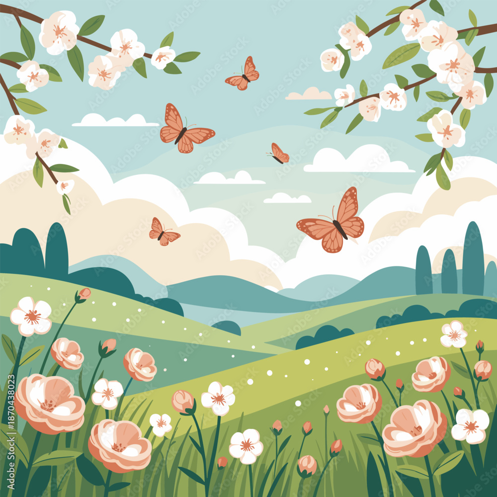 Obraz premium Spring Landscape with Flowers and Butterflies