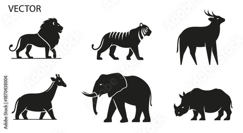 Silhouette of Majestic Wildlife: Vector Illustration Featuring Lion, Tiger, Antelope, Giraffe,