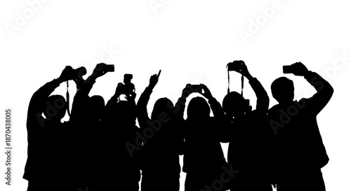 Black silhouette of crowd of photographers with cameras taking pictures on white background