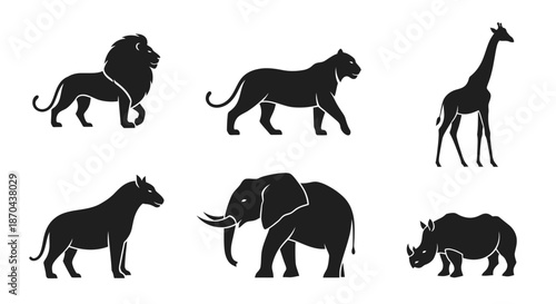 Silhouette representations of African wildlife featuring a lion, tiger, giraffe, and more