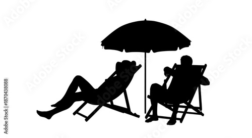Silhouette of beachgoers relaxing under a beach umbrella symbolizing summer vacation